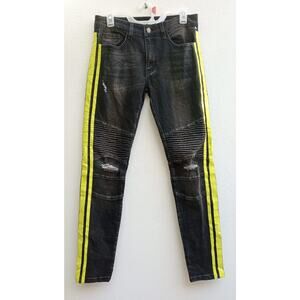 Forever 21 Men’s Jeans Skinny Biker Black Plastic Stripes Yellow Size 31 NWOT